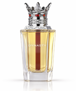 Lattafa Dynasty 100 ml, flacon fațetat cu lichid auriu și capac argintiu în formă de coroană, pe fundal alb
