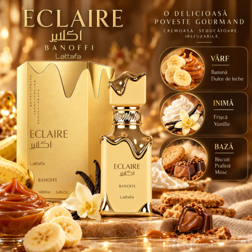 Lattafa Eclaire Banoffi 100 ml piramidă olfactivă cu banană, vanilie și praline