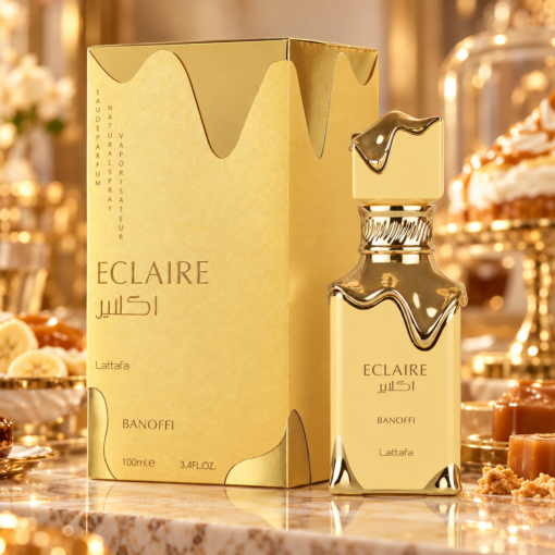 Lattafa Eclaire Banoffi 100 ml parfum gurmand în decor auriu
