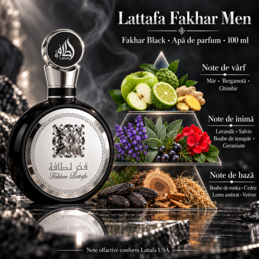 Piramida olfactivă Lattafa Fakhar Men 100 ml: măr, bergamotă și ghimbir, inimă aromatică, tonka, cedru și vetiver