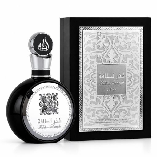 Lattafa Fakhar Men 100 ml, flacon și cutie pe fundal alb