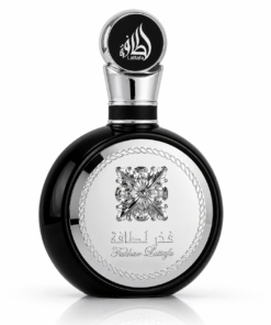 Lattafa Fakhar Men 100 ml, flacon rotund negru cu medalion și capac argintiu, pe fundal alb