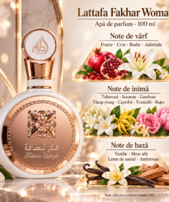 Piramida olfactivă Lattafa Fakhar Woman 100 ml: fructe și crin, buchet de flori albe, vanilie, mosc alb și santal