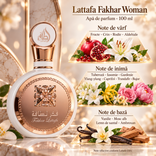 Piramida olfactivă Lattafa Fakhar Woman 100 ml: fructe și crin, buchet de flori albe, vanilie, mosc alb și santal