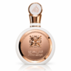 Lattafa Fakhar Woman 100 ml, flacon rotund alb cu medalion și capac în nuanță de aur roz, pe fundal alb