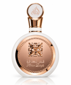 Lattafa Fakhar Woman 100 ml, flacon rotund alb cu medalion și capac în nuanță de aur roz, pe fundal alb