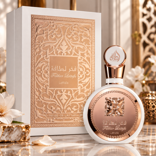Lattafa Fakhar Woman 100 ml, flacon și cutie într-un decor de prezentare
