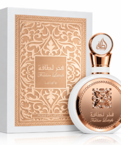 Lattafa Fakhar Woman 100 ml, flacon și cutie pe fundal alb