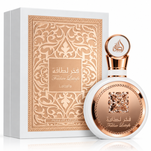 Lattafa Fakhar Woman 100 ml, flacon și cutie pe fundal alb