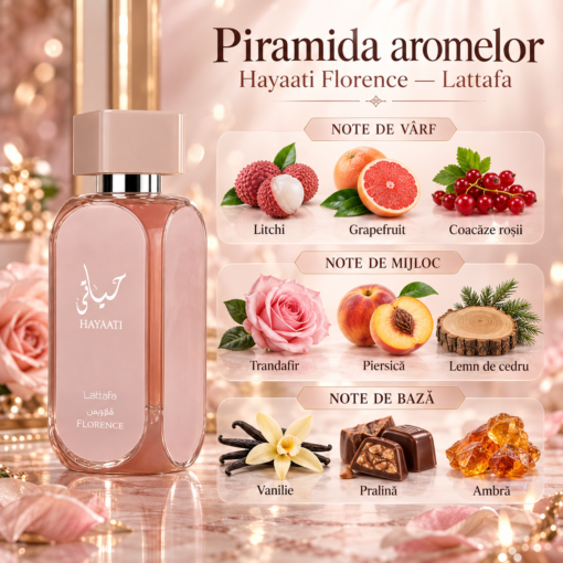Piramida olfactivă Lattafa Hayaati Florence: litchi, grepfrut și coacăze roșii; trandafir, piersică și cedru; vanilie, pralină și ambră