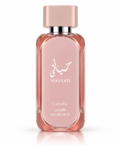 Lattafa Hayaati Florence 100 ml, flacon roz alungit cu capac roz și inscripții albe, pe fundal alb