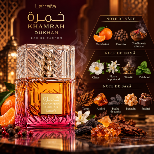 Lattafa Khamrah Dukhan Apă de Parfum Unisex 100 ml – piramidă olfactivă