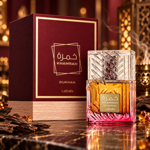 Lattafa Khamrah Dukhan 100 ml parfum unisex în decor oriental elegant