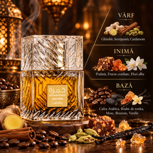 Lattafa Khamrah Qahwa 100 ml piramidă olfactivă cu cafea, scorțișoară, cardamom și vanilie