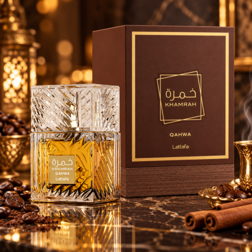 Lattafa Khamrah Qahwa 100 ml parfum unisex în decor oriental cu cafea