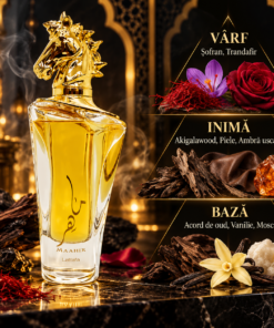 Lattafa Maahir 100 ml piramidă olfactivă cu șofran, trandafir, oud și vanilie