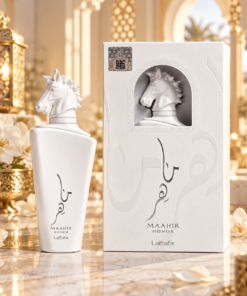 Lattafa Maahir Honor 100 ml parfum în decor elegant alb și auriu