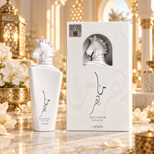 Lattafa Maahir Honor 100 ml parfum în decor elegant alb și auriu