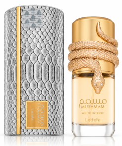 Lattafa Musamam White Intense 100 ml apă de parfum unisex – flacon cu șarpe auriu și cutie
