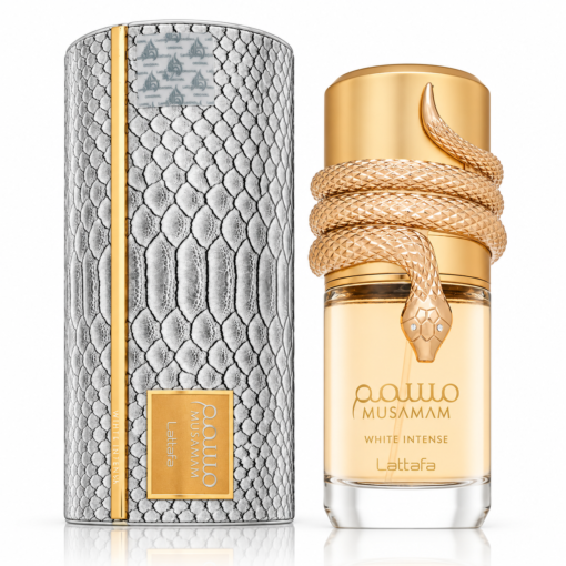 Lattafa Musamam White Intense 100 ml apă de parfum unisex – flacon cu șarpe auriu și cutie
