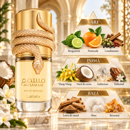 Lattafa Musamam White Intense 100 ml piramidă olfactivă cu bergamotă, portocală, ylang-ylang, cocos și santal