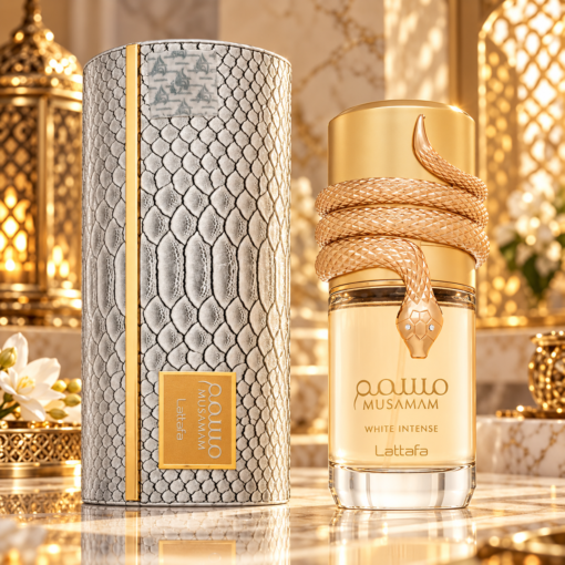 Lattafa Musamam White Intense 100 ml parfum unisex în decor premium alb și auriu