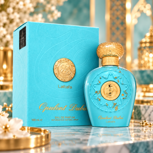 Lattafa Opulent Dubai 100 ml parfum unisex în decor premium turcoaz și auriu