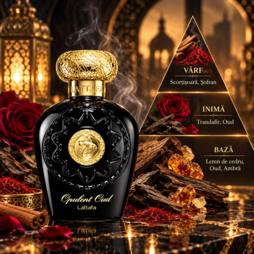 Lattafa Opulent Oud 100 ml piramidă olfactivă cu scorțișoară, șofran, trandafir și oud