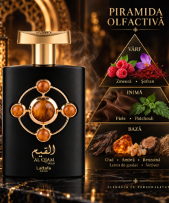 Piramida olfactivă Lattafa Al Qiam Gold 100 ml, cu notele de vârf, inimă și bază ilustrate