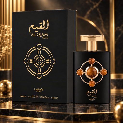 Lattafa Al Qiam Gold 100 ml, flacon și cutie într-un decor de prezentare