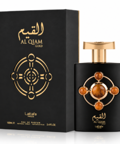 Lattafa Al Qiam Gold 100 ml, flacon și cutie pe fundal alb