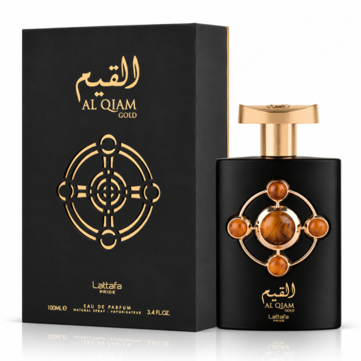 Lattafa Al Qiam Gold 100 ml, flacon și cutie pe fundal alb