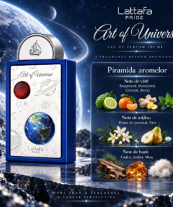 Piramida olfactivă Lattafa Art of Universe 100 ml, cu notele de vârf, inimă și bază ilustrate
