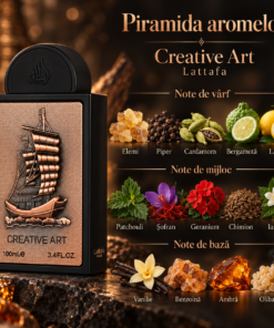 Piramida olfactivă Lattafa Creative Art 100 ml, cu notele de vârf, inimă și bază ilustrate
