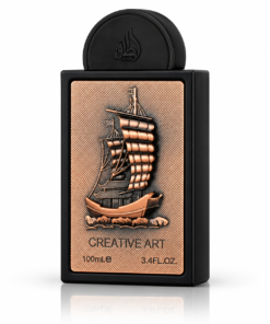 Lattafa Pride Creative Art 100 ml, flacon negru cu o corabie în relief în nuanță de cupru, pe fundal alb