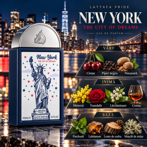 Lattafa Pride New York The City of Dreams 100 ml piramidă olfactivă cu cireșe, piper negru, trandafir și coniac