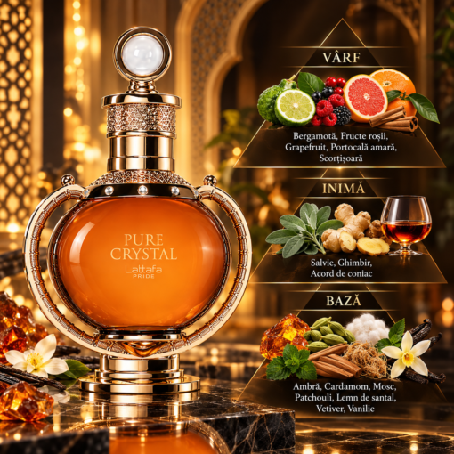 Lattafa Pride Pure Crystal 100 ml piramidă olfactivă cu bergamotă, fructe roșii, coniac, ambră și vanilie