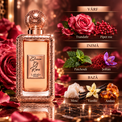 Lattafa Pride Queen of Roses 100 ml piramidă olfactivă cu trandafir, piper roz, șofran și vanilie