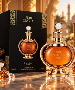 Lattafa Pure Crystal 100 ml parfum unisex în decor premium oriental auriu