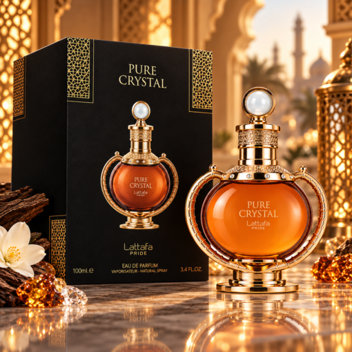 Lattafa Pure Crystal 100 ml parfum unisex în decor premium oriental auriu