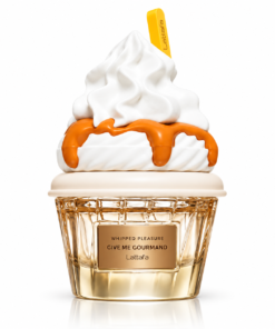 Lattafa Whipped Pleasure 75 ml Give Me Gourmand, flacon auriu cu capac decorativ în formă de frișcă