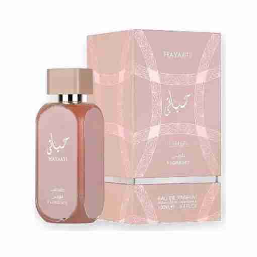 Lattafa Hayaati Florence 100 ml, flacon și cutie pe fundal alb