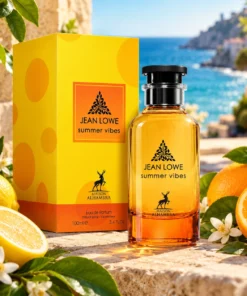 Maison Alhambra Jean Lowe Summer Vibes Eau de Parfum Unisex 100 ml – flacon și cutie în decor
