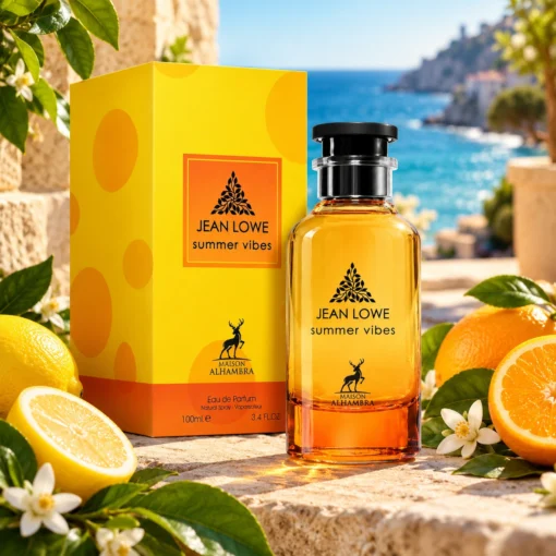 Maison Alhambra Jean Lowe Summer Vibes Eau de Parfum Unisex 100 ml – flacon și cutie în decor