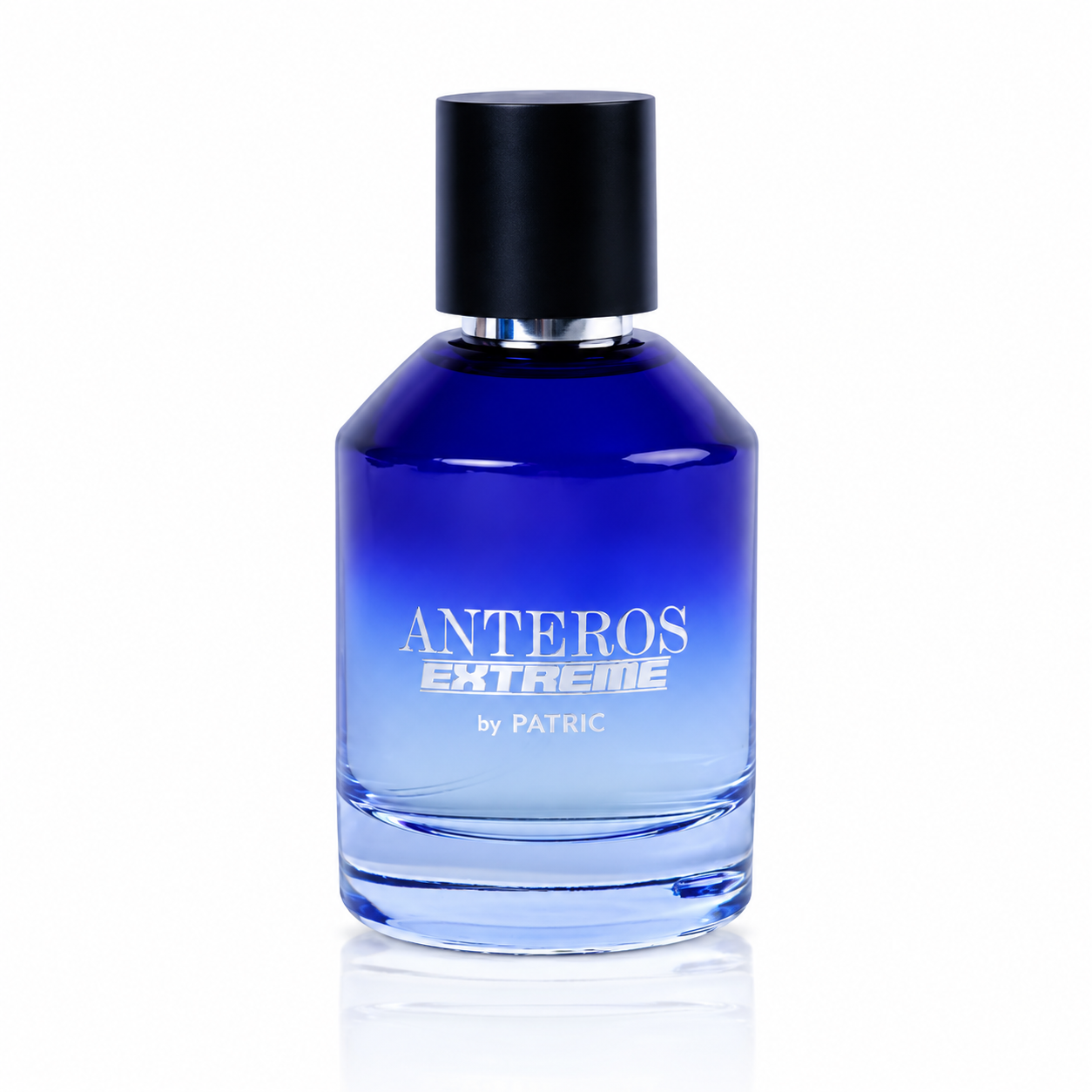 Parfum unisex Anteros Extreme by PATRIC 100 ml, flacon albastru intens cu degrade bleu, capac cilindric negru și inscripții argintii, pe fundal alb.