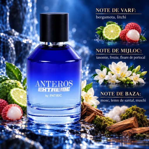 Piramida olfactivă Anteros Extreme by PATRIC 100 ml, cu bergamotă, litchi, iasomie, frezie, floare de portocal, mosc, santal și mușchi.