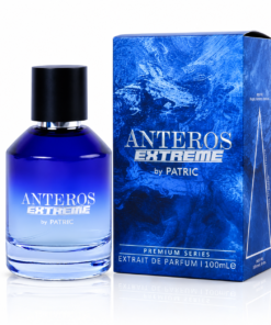 Anteros Extreme by PATRIC 100 ml, flacon albastru cu capac negru și cutie albastru electric cu textură abstractă și inscripția Premium Series.
