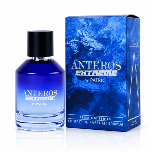 Anteros Extreme by PATRIC 100 ml, flacon albastru cu capac negru și cutie albastru electric cu textură abstractă și inscripția Premium Series.