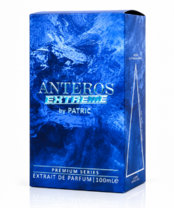 Cutie parfum Anteros Extreme by PATRIC 100 ml, ambalaj albastru intens cu grafică abstractă, inscripții argintii și element geometric lateral.