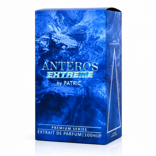 Cutie parfum Anteros Extreme by PATRIC 100 ml, ambalaj albastru intens cu grafică abstractă, inscripții argintii și element geometric lateral.